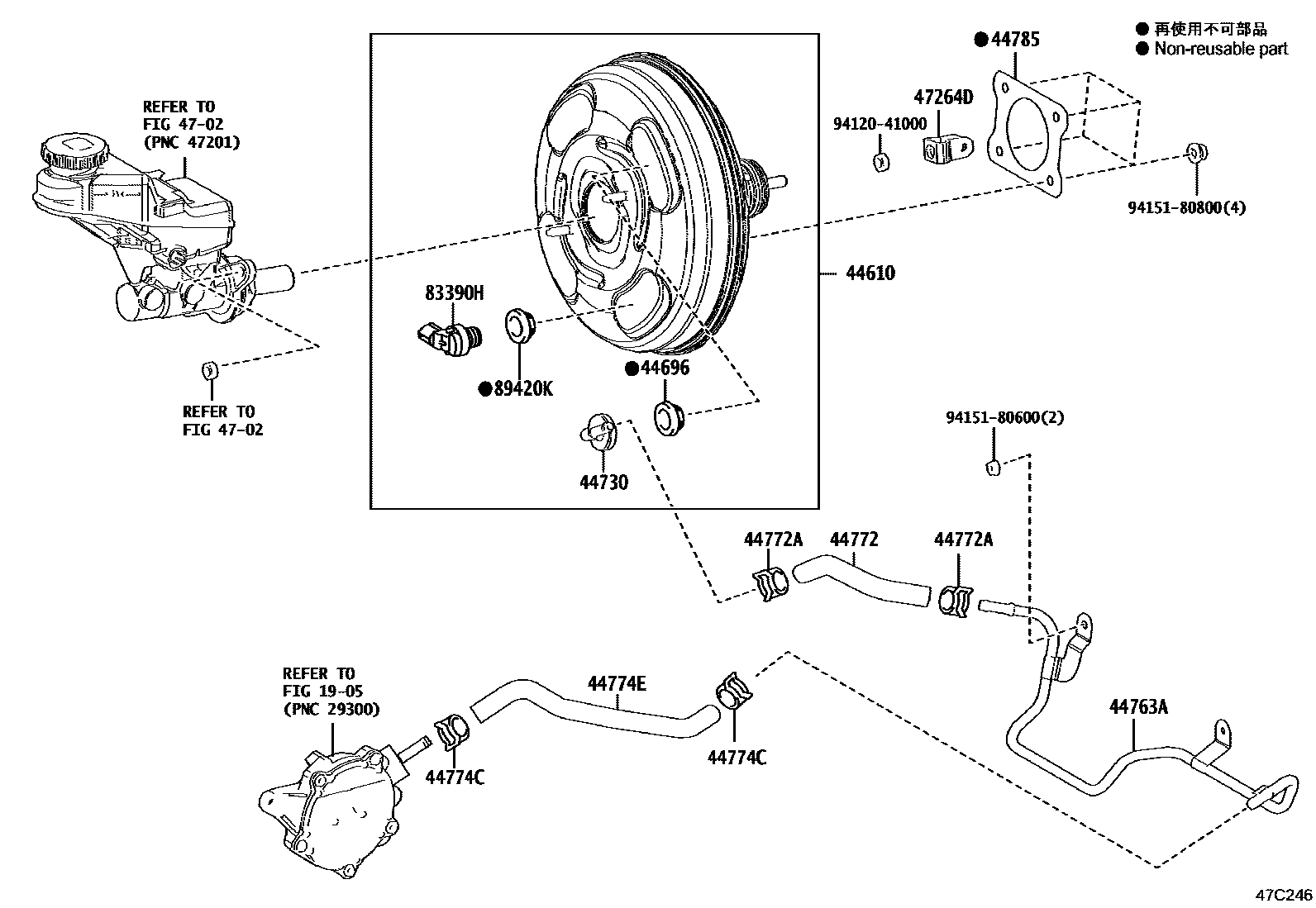 Toyota COROLLA 制动助力器和真空管 EPC diagram — 47C246