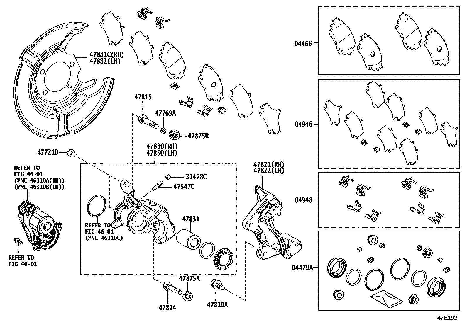 Toyota COROLLA 后盘式制动器卡钳和防尘罩 EPC diagram — 47E192