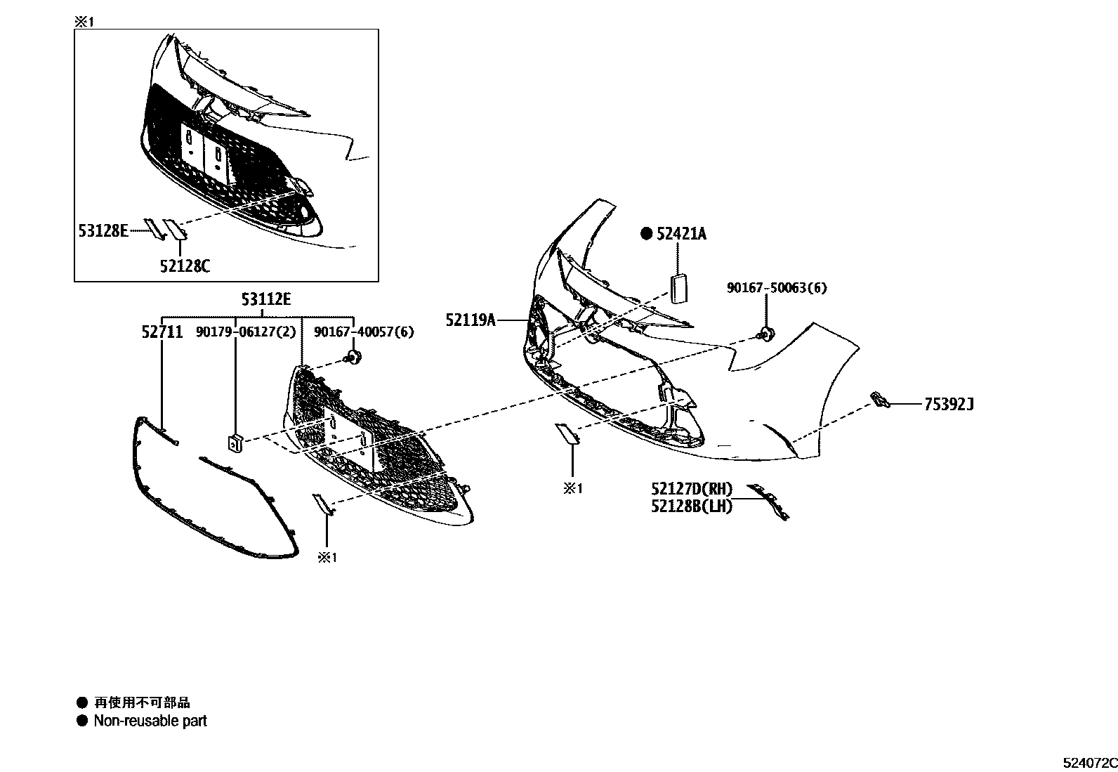 Toyota COROLLA 前保险杠及附件 EPC diagram — 524072C