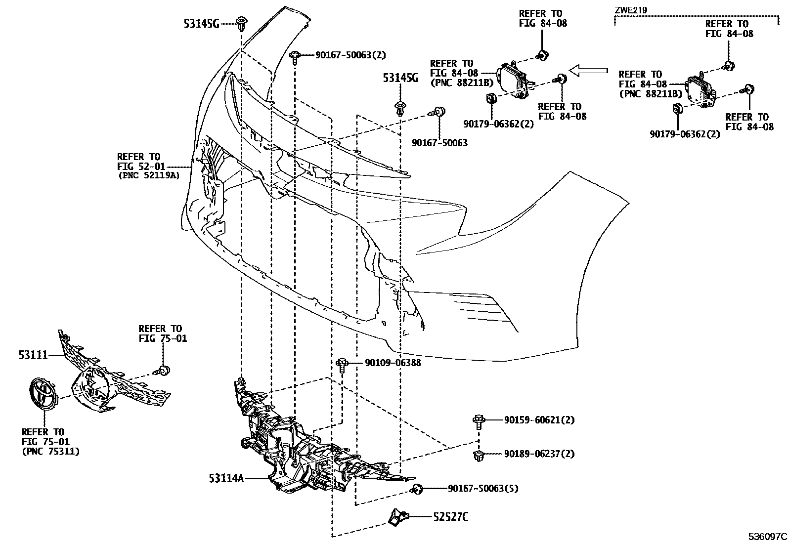 Toyota COROLLA radiator grille EPC diagram — 536097C