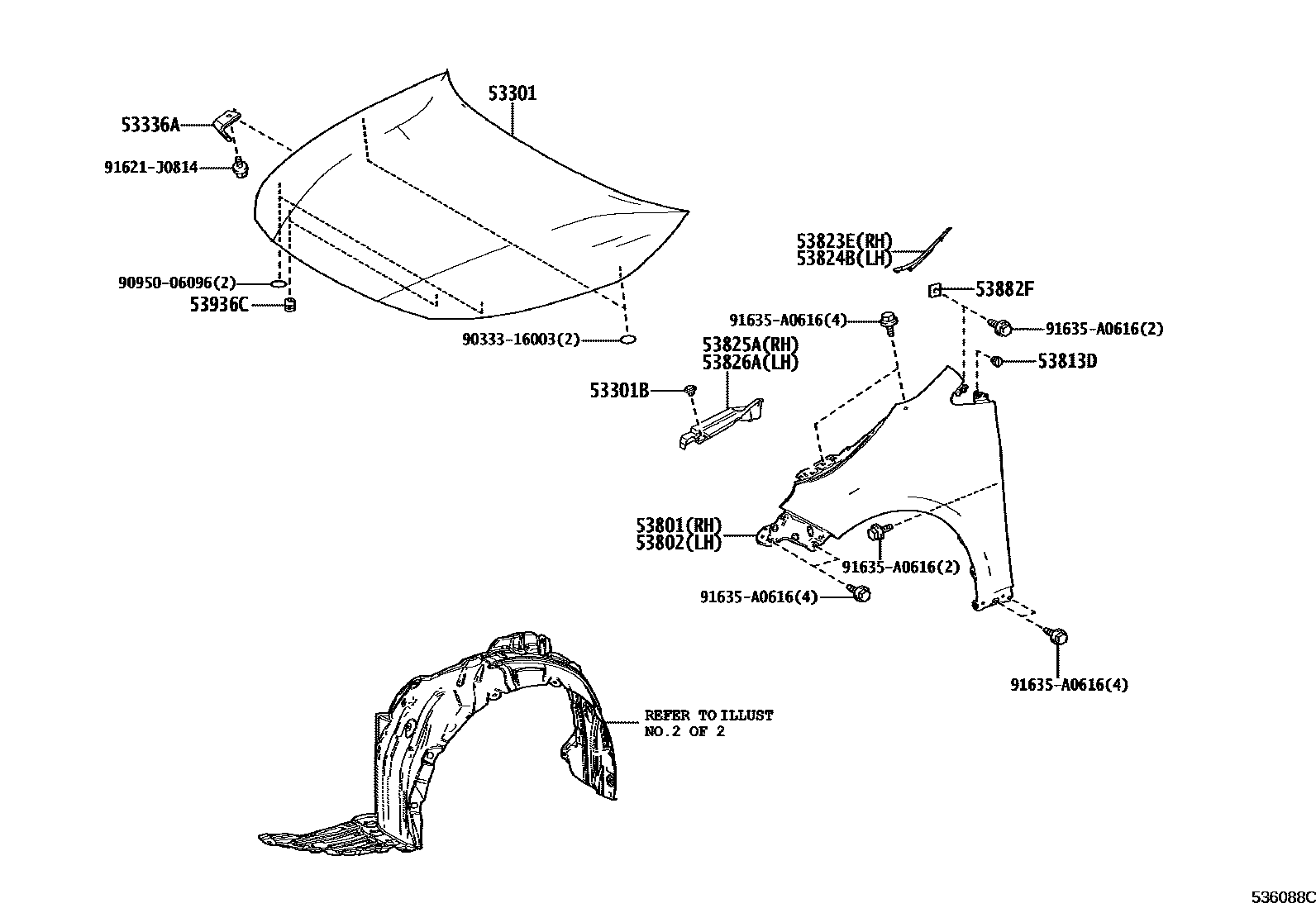 Toyota COROLLA 发动机盖和前翼子板 EPC diagram — 536088C