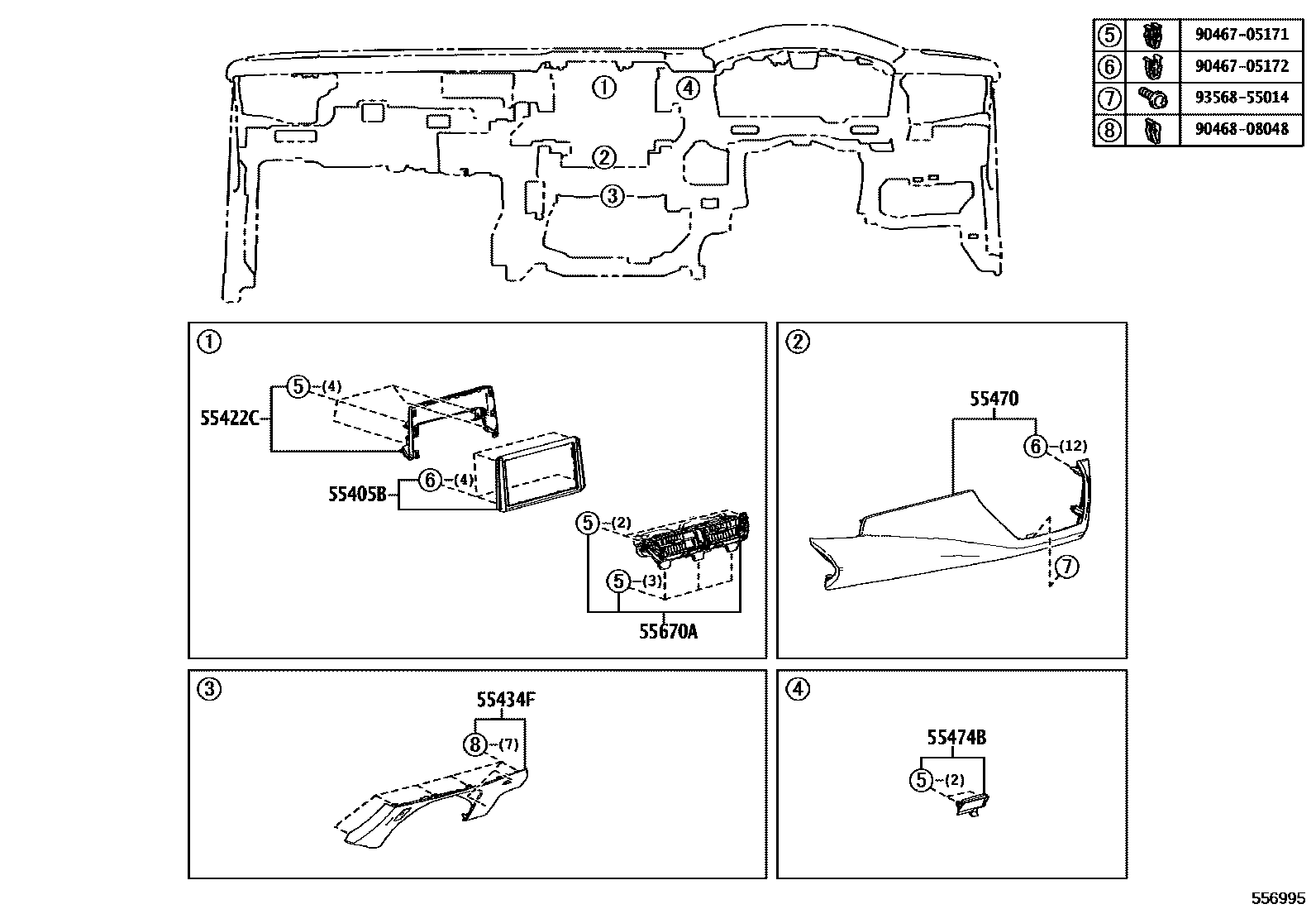 Toyota COROLLA 仪表板和手套箱 EPC diagram — 556995