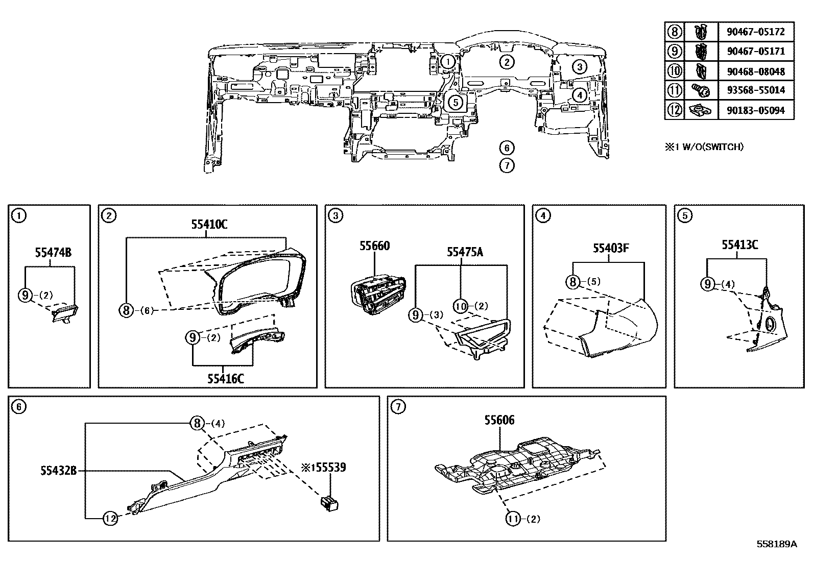 Toyota COROLLA 仪表板和手套箱 EPC diagram — 558189B