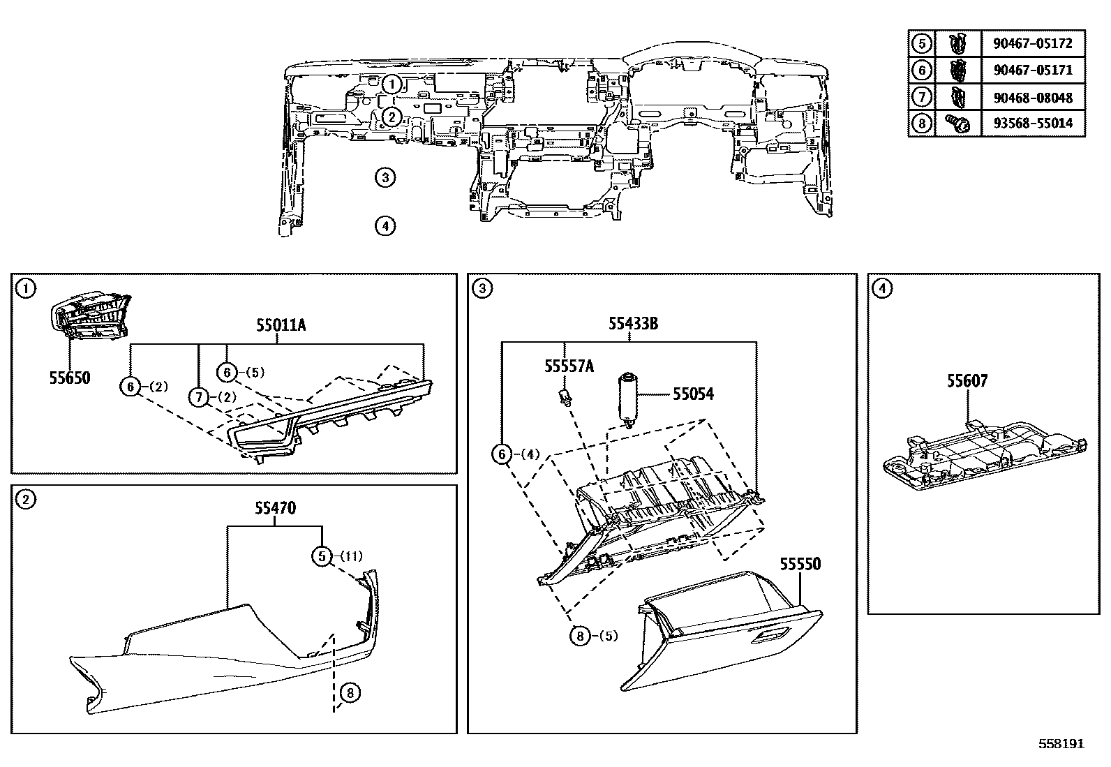 Toyota COROLLA 仪表板和手套箱 EPC diagram — 558191