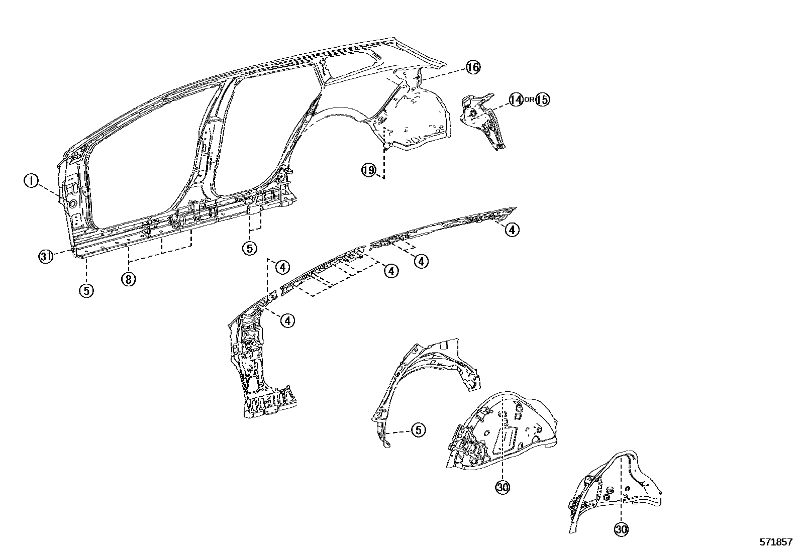 Toyota COROLLA hole plug EPC diagram — 571857