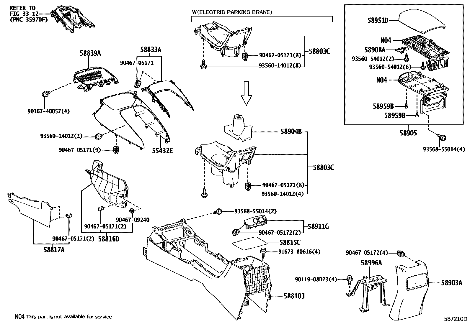 Toyota COROLLA 中央扶手箱和支架 EPC diagram — 587210D