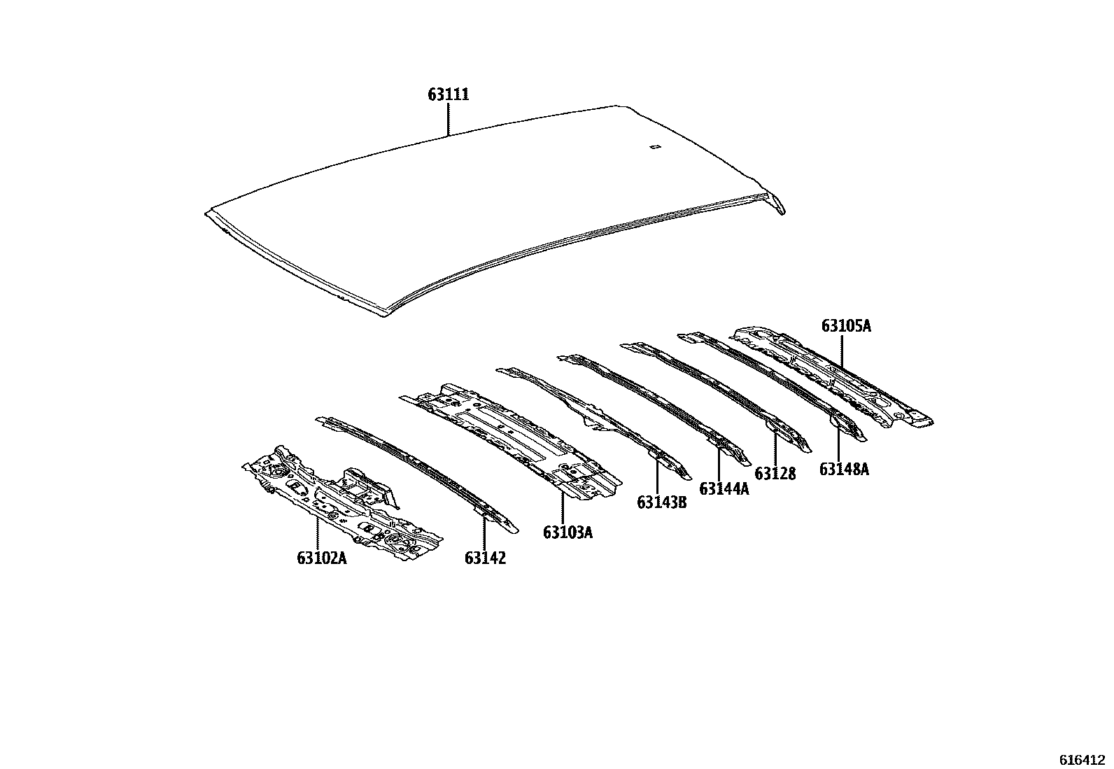 Toyota COROLLA 天窗板和背窗玻璃 EPC diagram — 616412