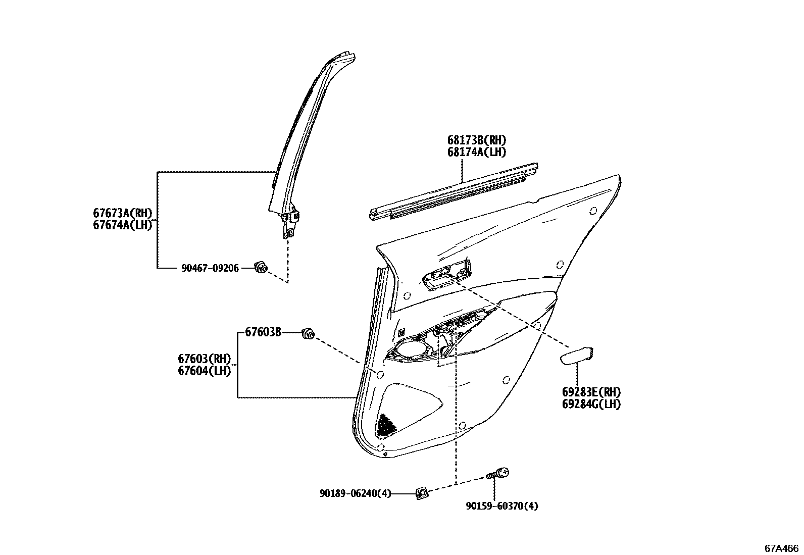 Toyota COROLLA 后门板和后门玻璃 EPC diagram — 67A466