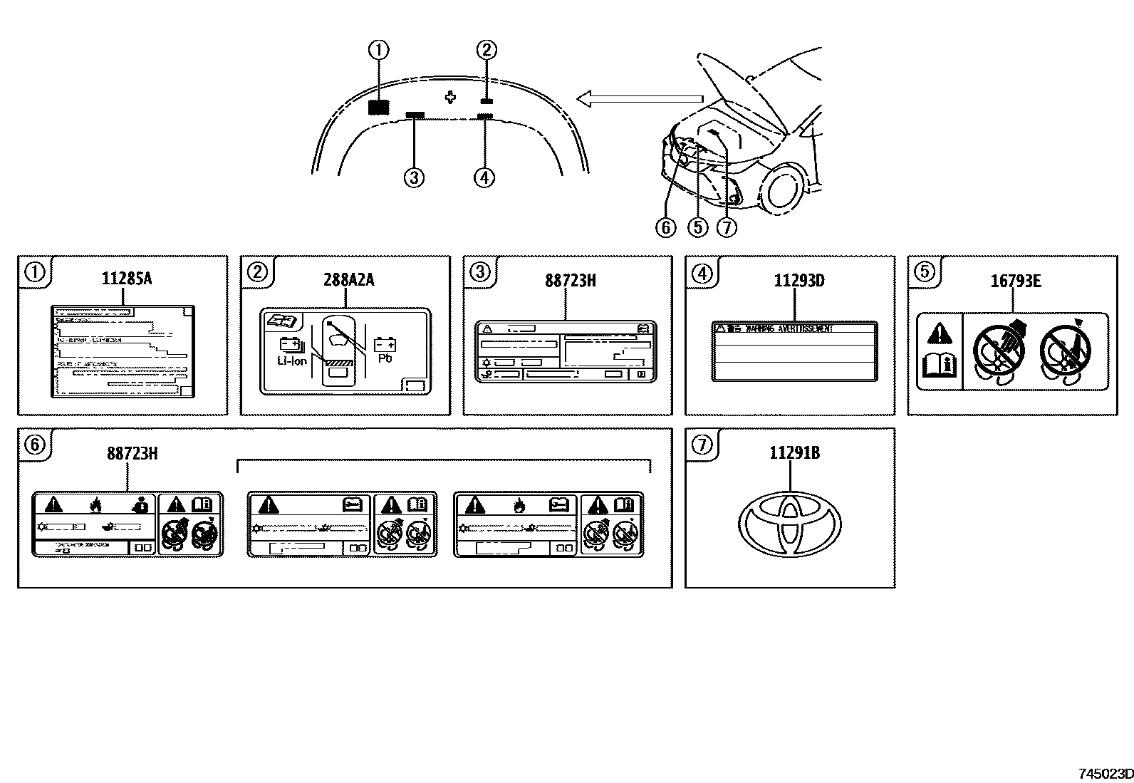 Toyota COROLLA 警示铭牌(车外和车内) EPC diagram — 745023D