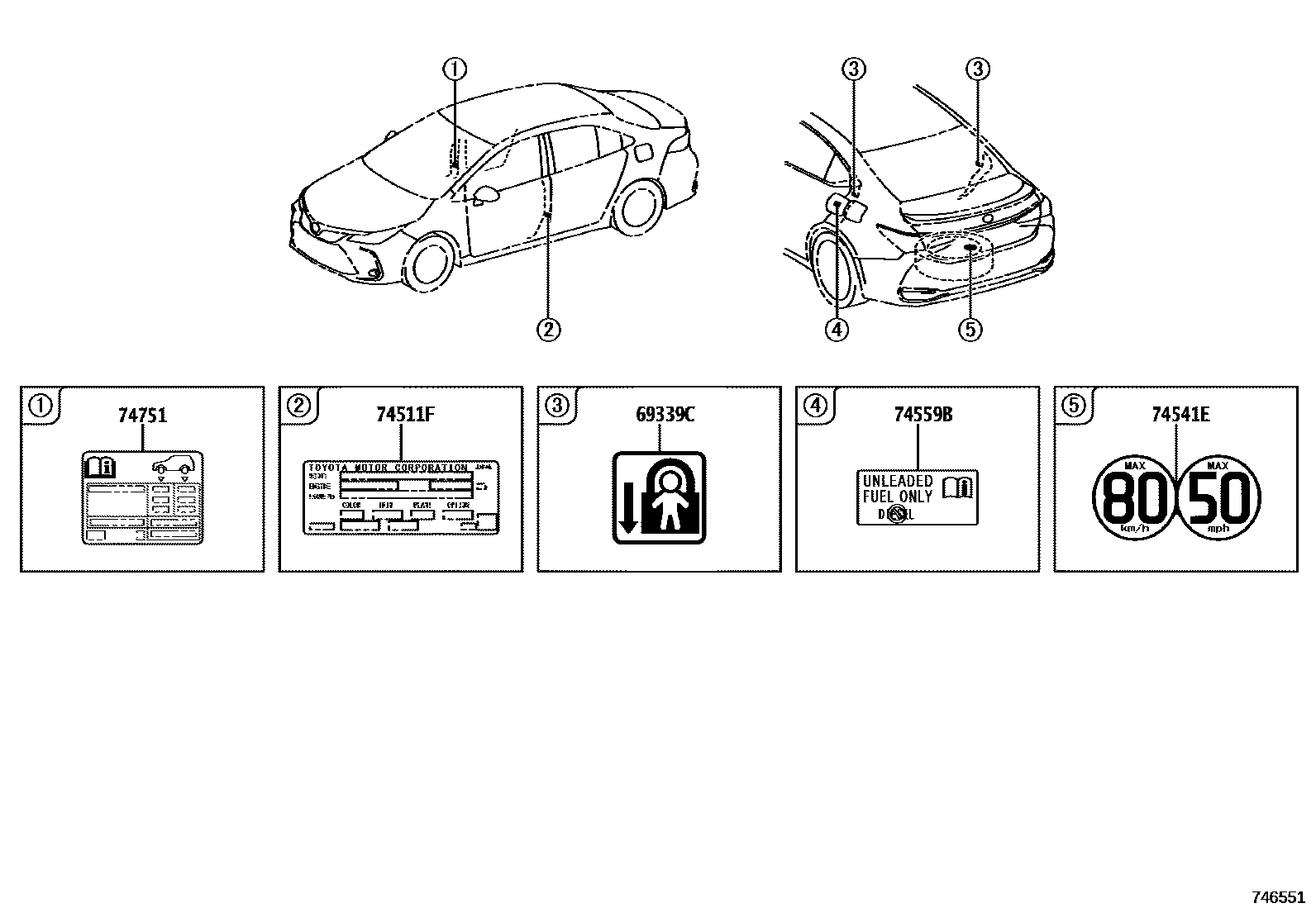 Toyota COROLLA 警示铭牌(车外和车内) EPC diagram — 746551