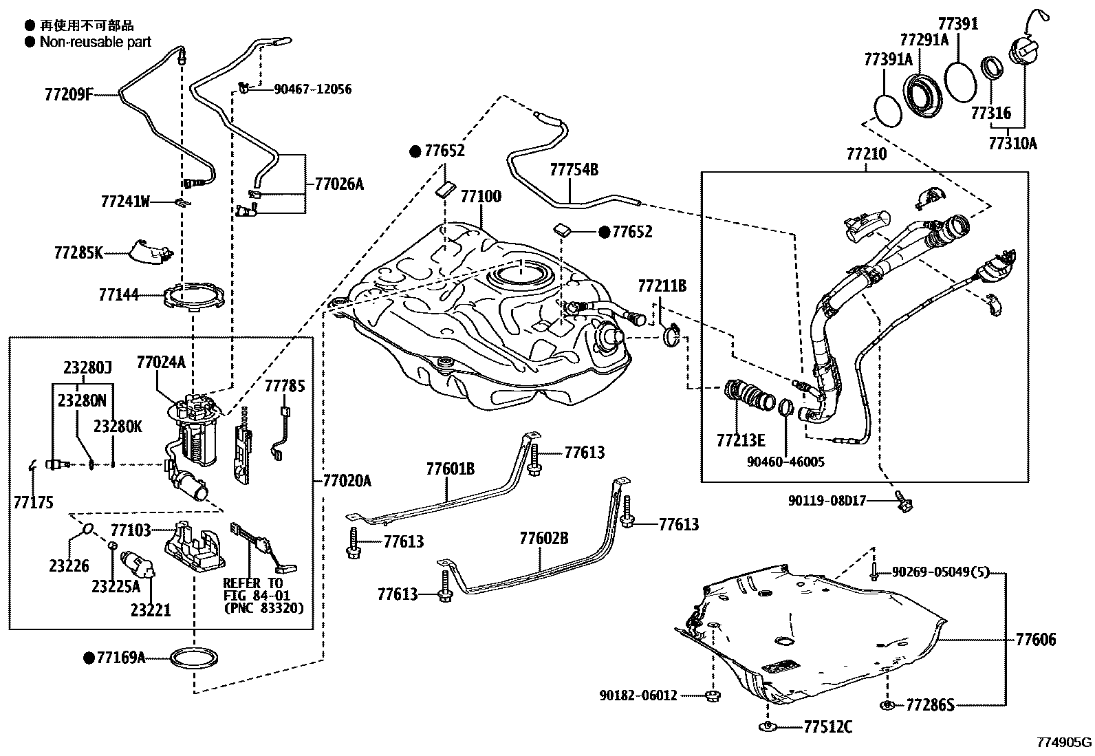 Toyota COROLLA 燃油箱和燃油管 EPC diagram — 774905G
