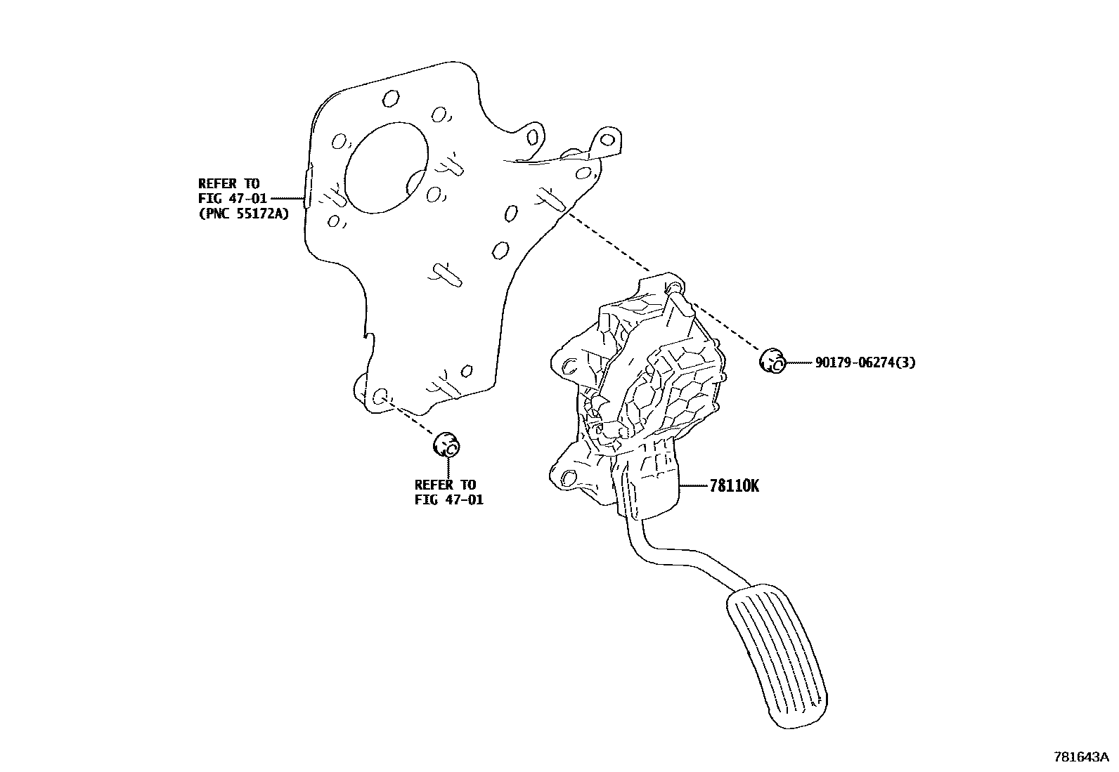 Toyota COROLLA accelerator pedal connecting rod EPC diagram — 781643A