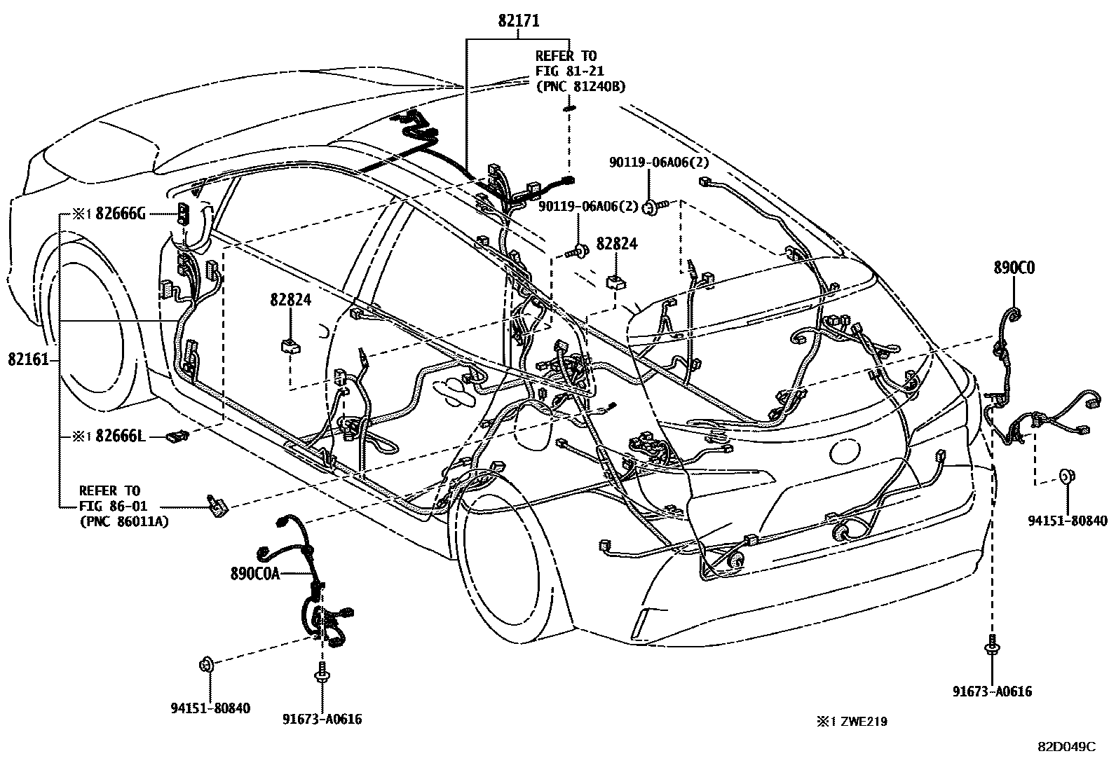 Toyota COROLLA 线束和卡夹 EPC diagram — 82D049C