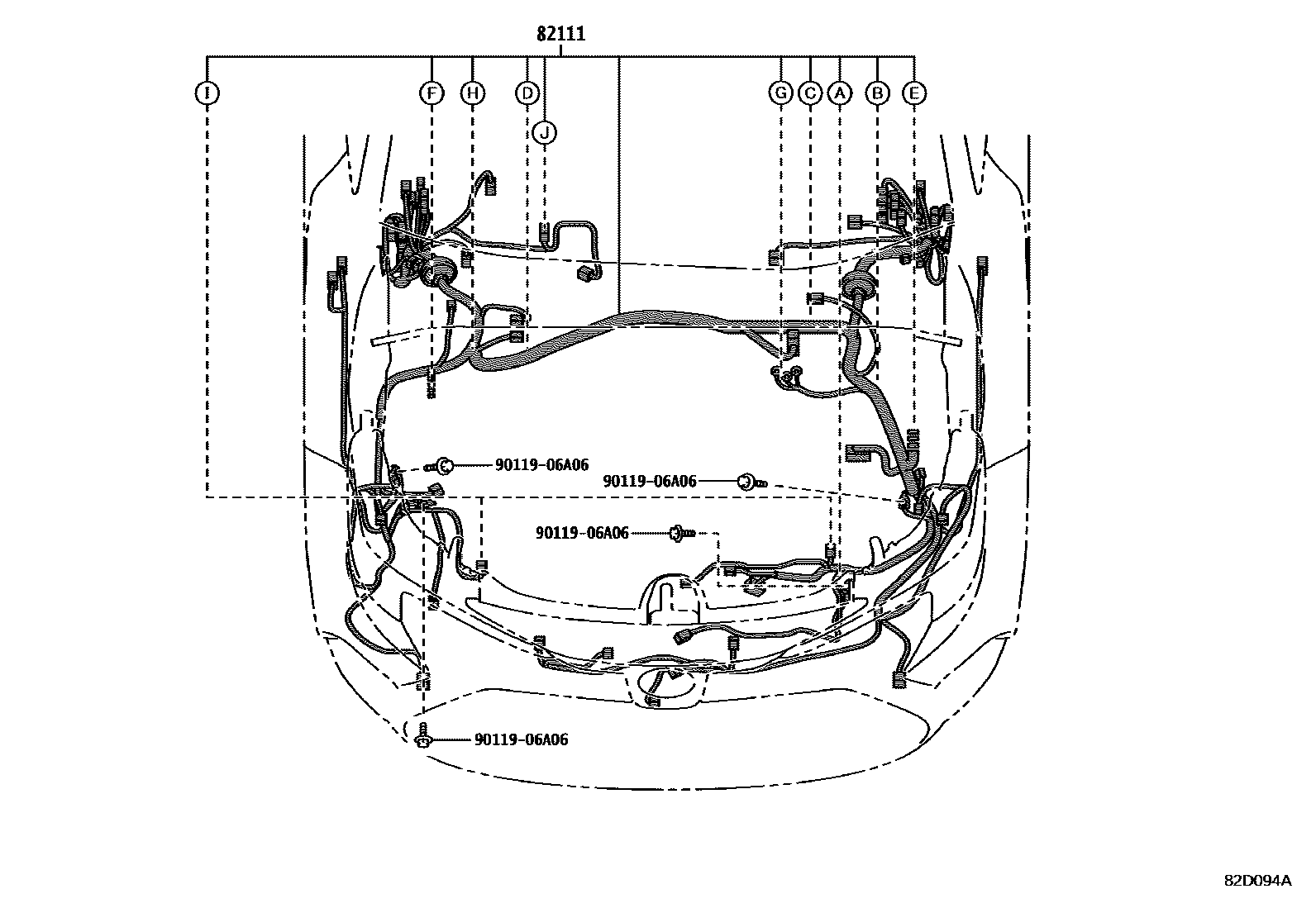 Toyota COROLLA 线束和卡夹 EPC diagram — 82D094A