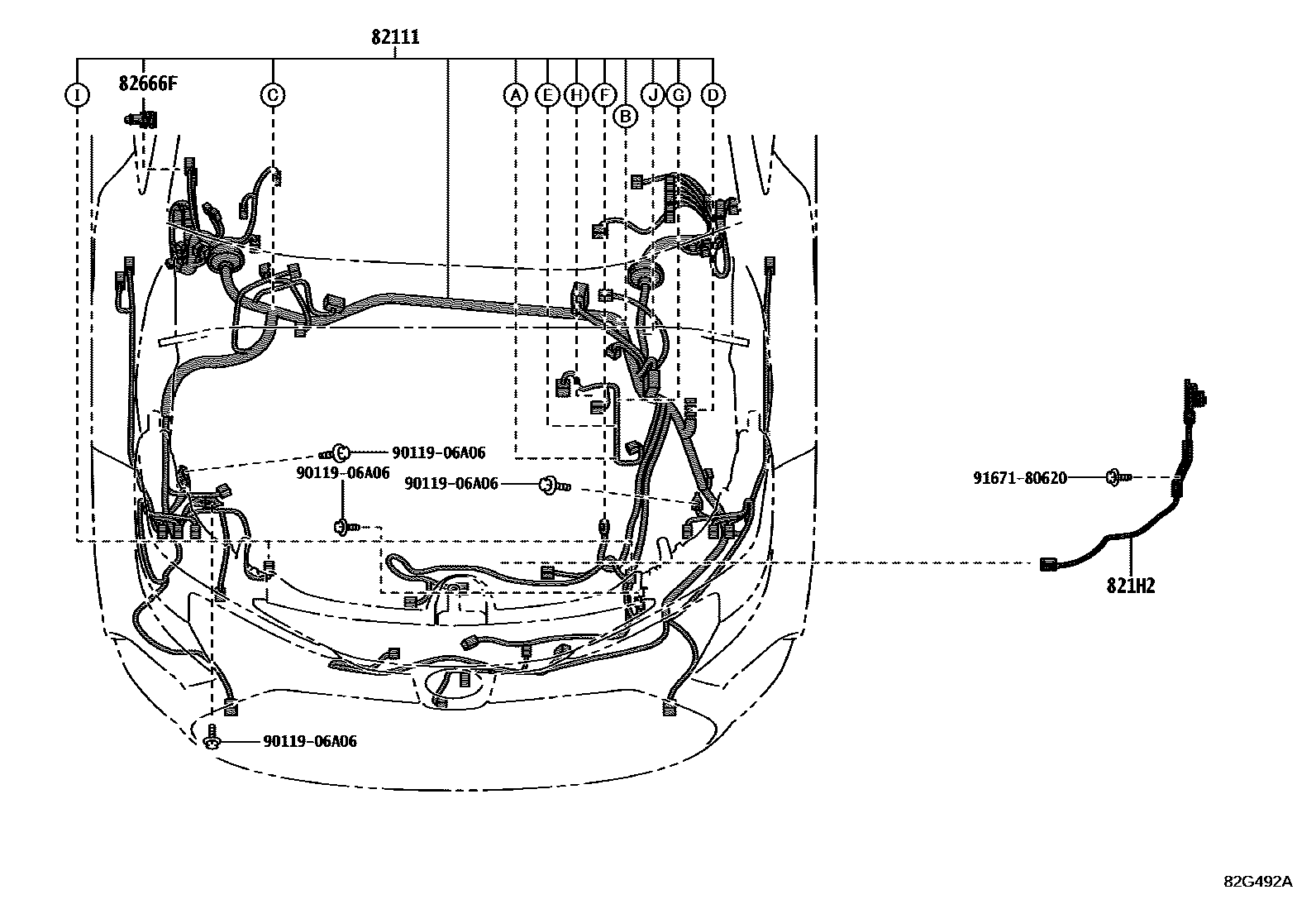 Toyota COROLLA 线束和卡夹 EPC diagram — 82G492A