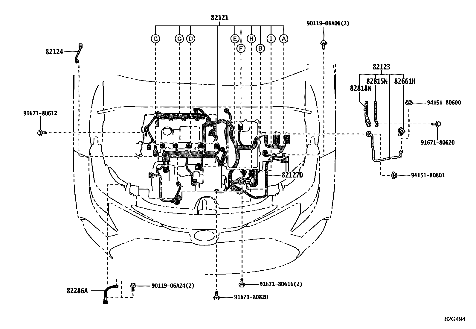Toyota COROLLA 线束和卡夹 EPC diagram — 82G494