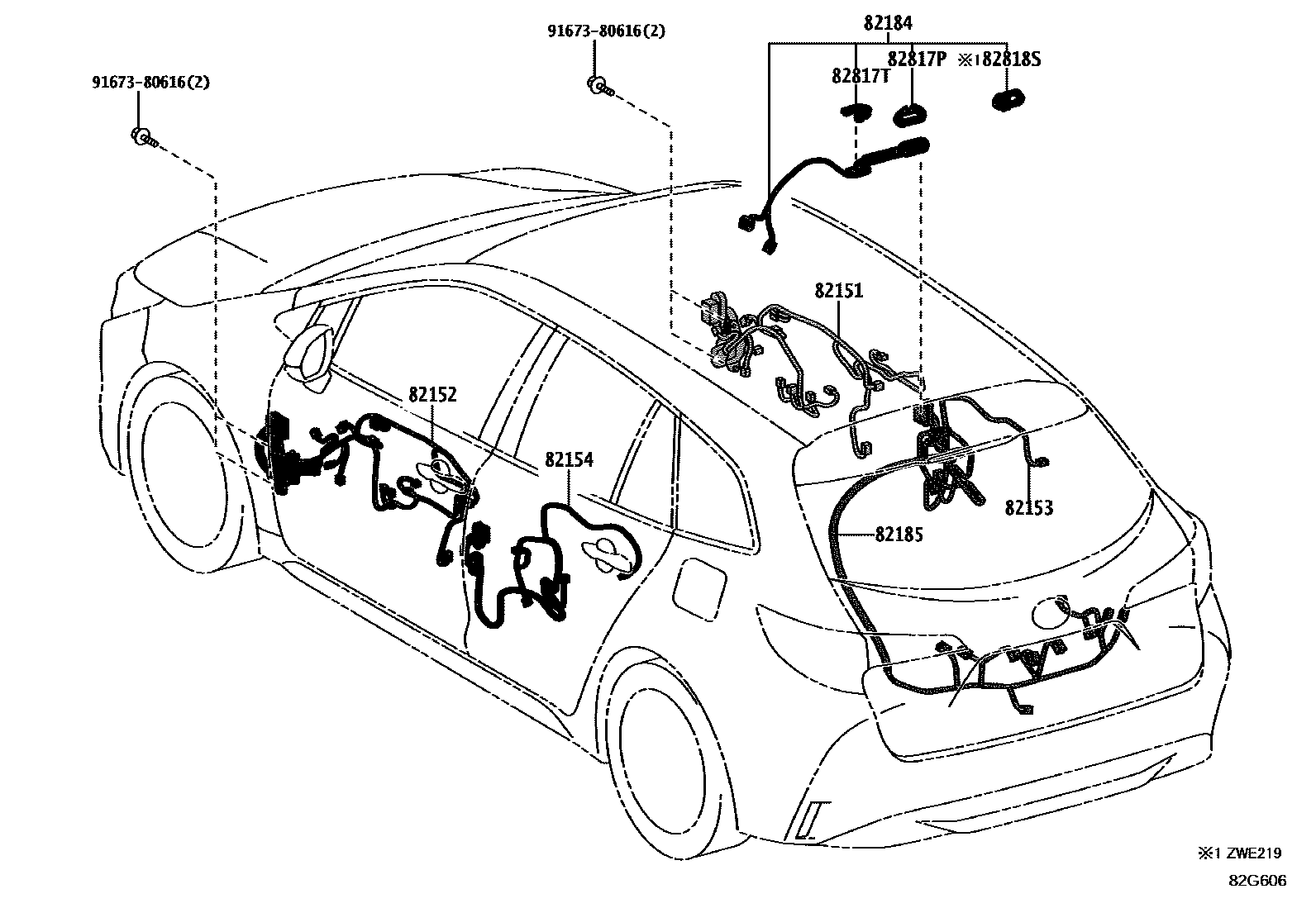 Toyota COROLLA 线束和卡夹 EPC diagram — 82G606