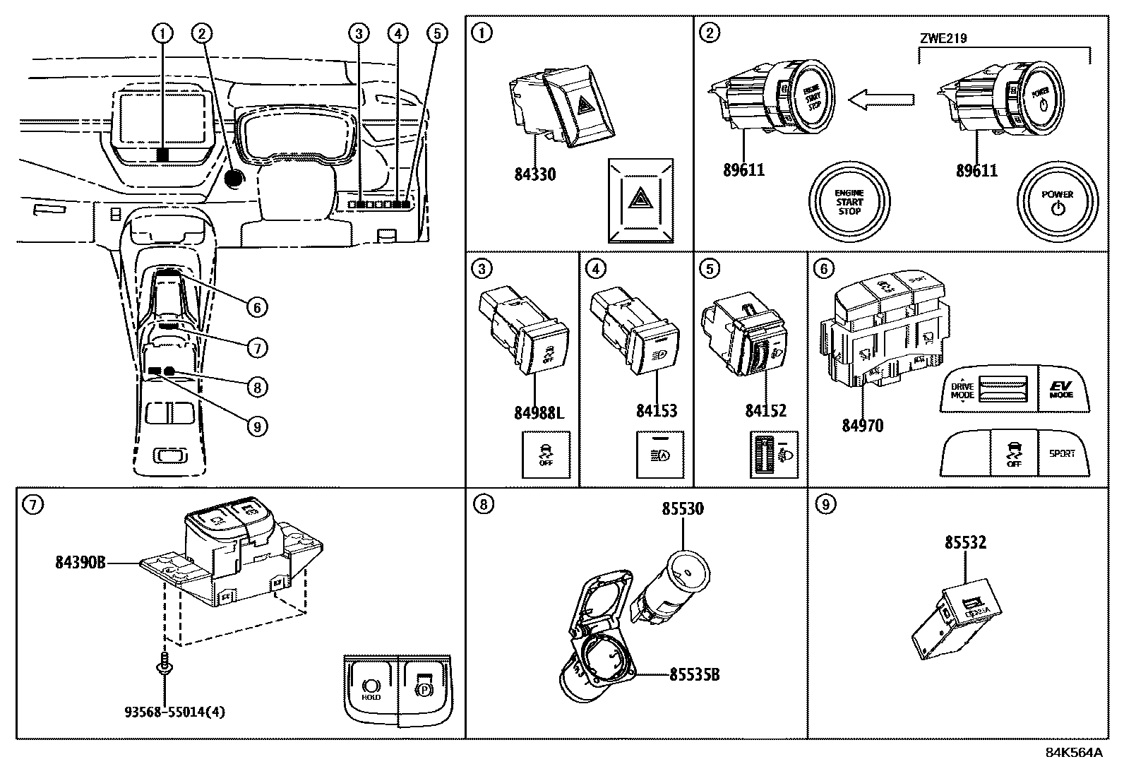 Toyota COROLLA 开关和继电器和ECU EPC diagram — 84K564A