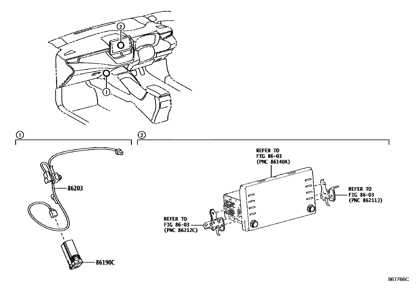 Toyota COROLLA 收音机、放大器和冷凝器 EPC diagram — 867766C