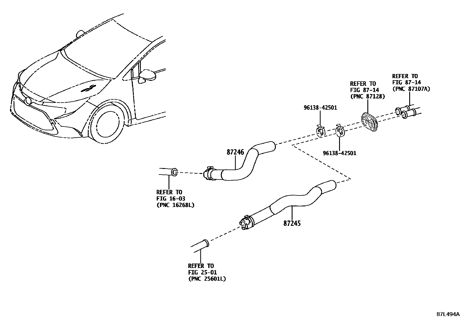 Toyota COROLLA 暖风和空调系统 - 水管 EPC diagram — 87L494A