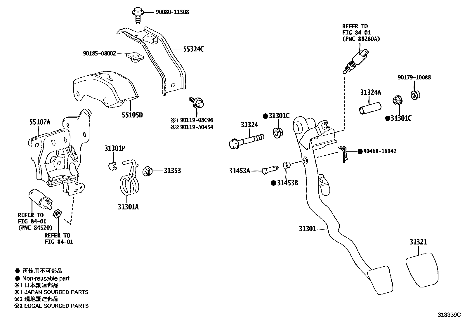 Toyota COROLLA 离合器踏板和挠性软管 EPC diagram — 313339C