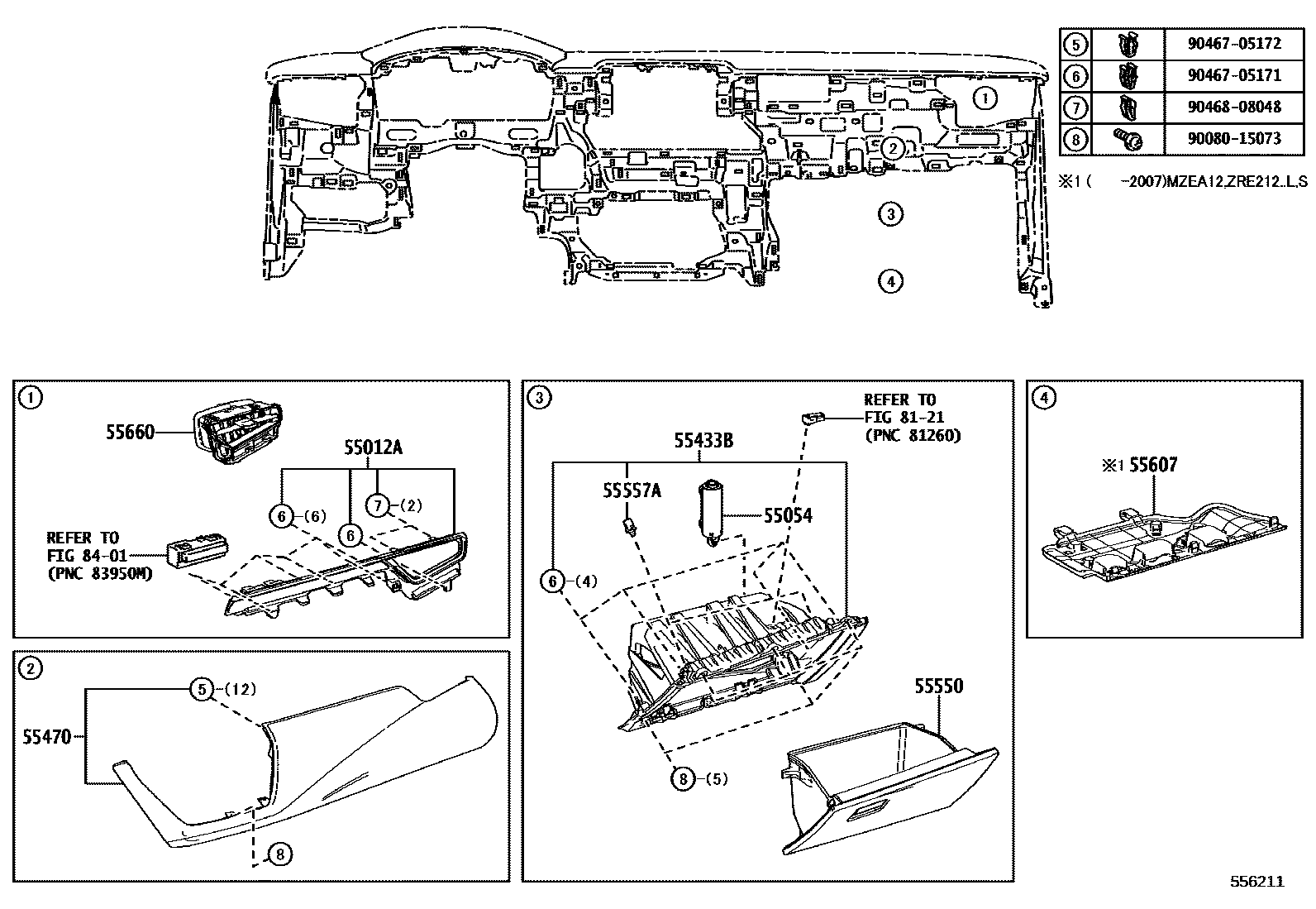 Toyota COROLLA 仪表板和手套箱 EPC diagram — 556211