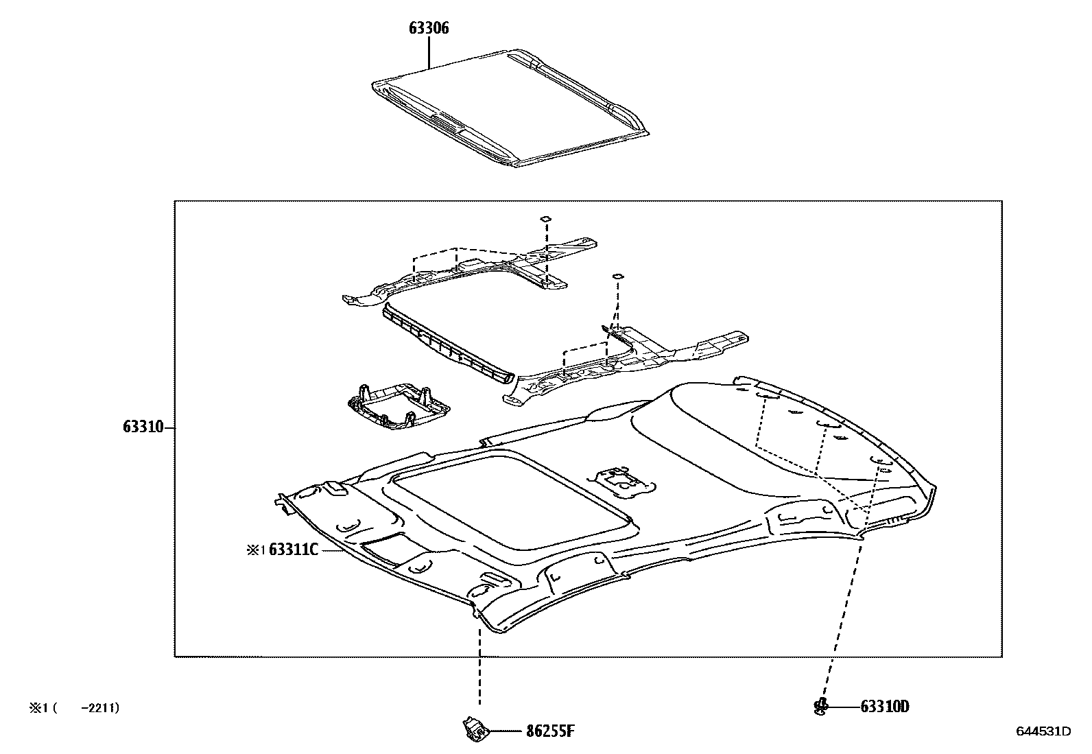 Toyota COROLLA 车顶内衬和消声垫 EPC diagram — 644531D