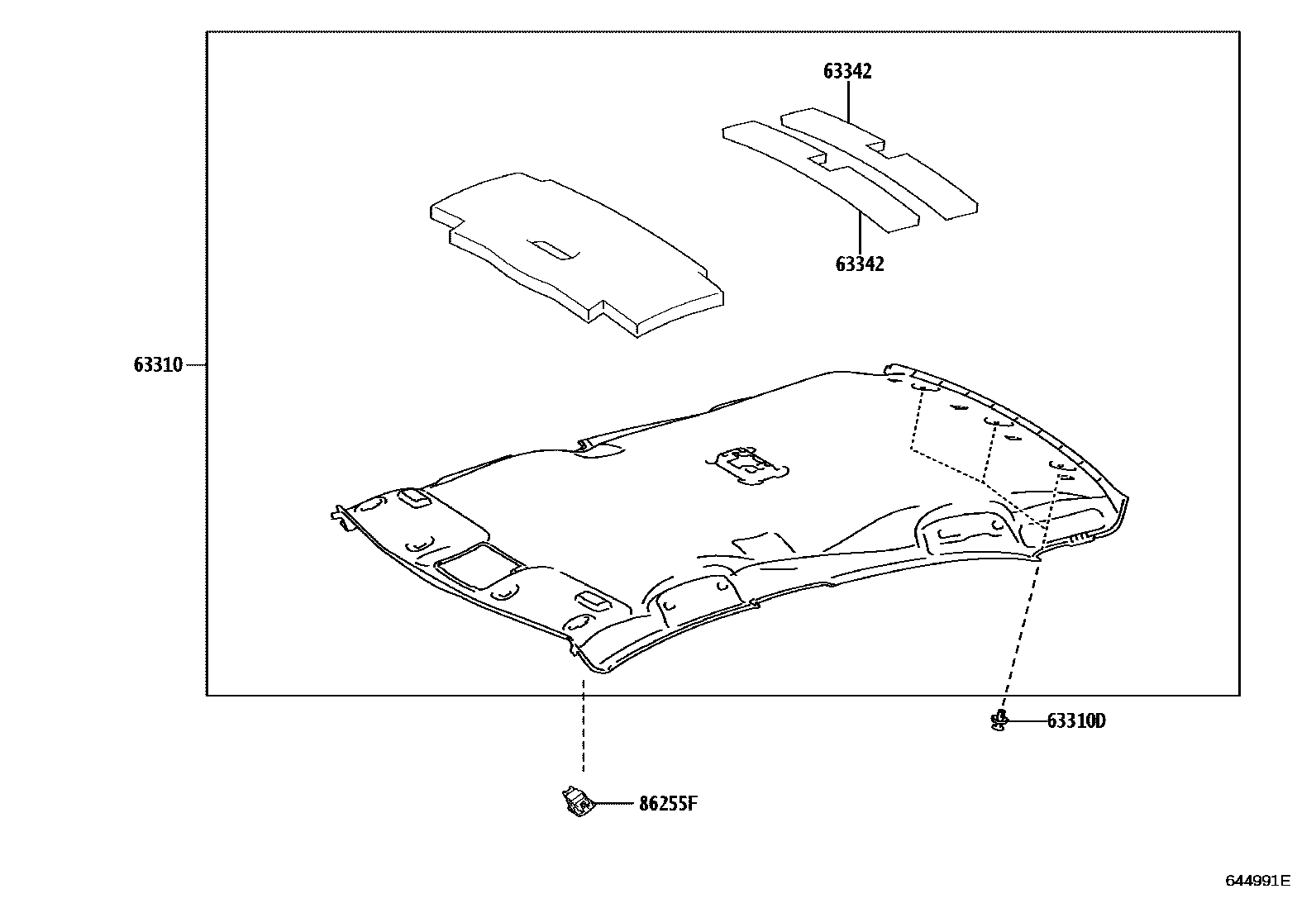 Toyota COROLLA 车顶内衬和消声垫 EPC diagram — 644991E