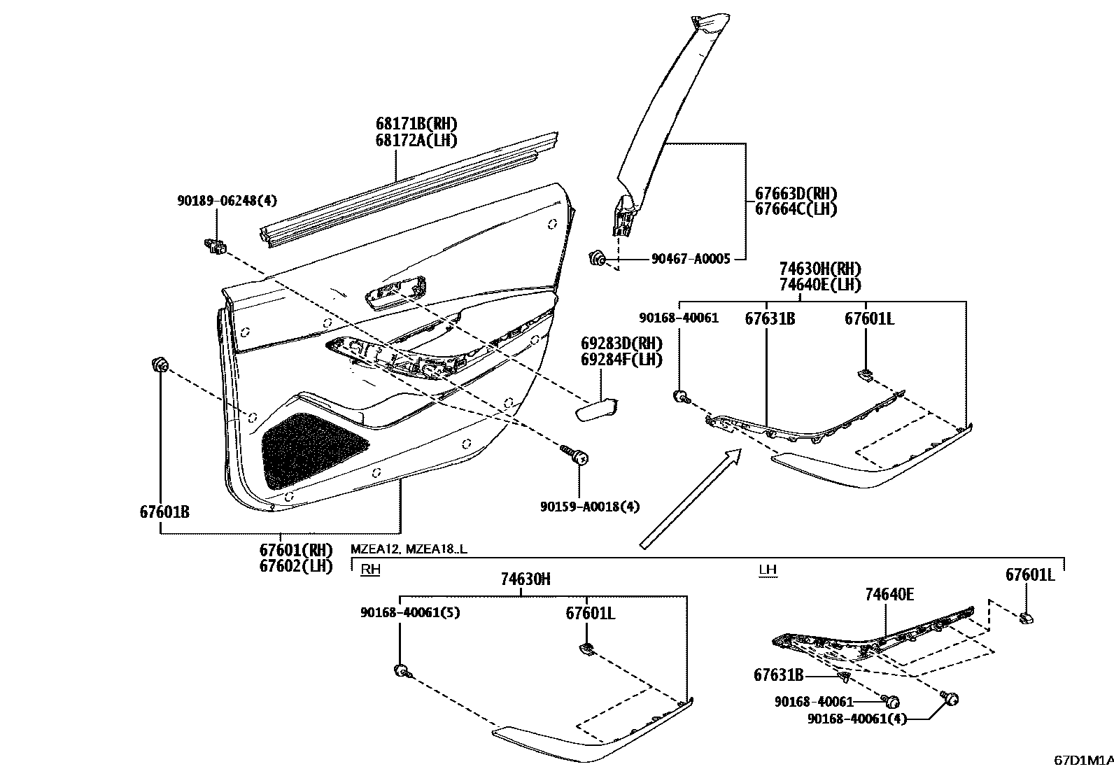 Toyota COROLLA 前门板和前门玻璃 EPC diagram — 67D1M1A