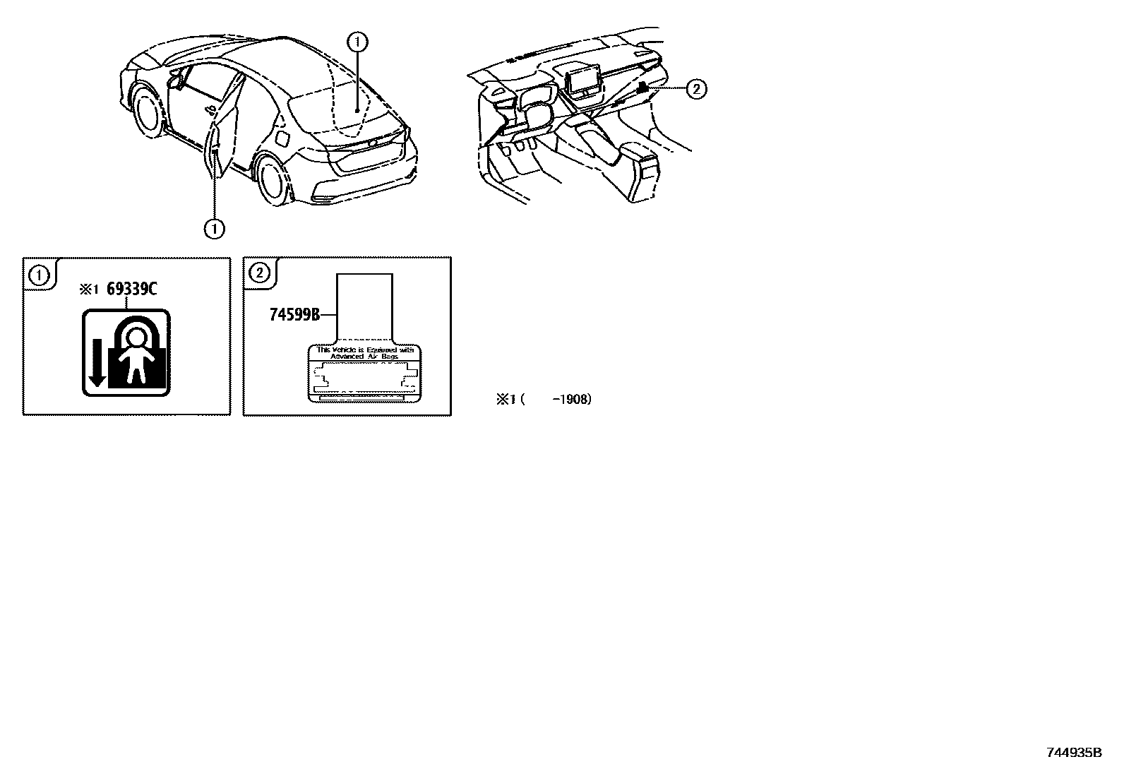 Toyota COROLLA 警示铭牌(车外和车内) EPC diagram — 744935B