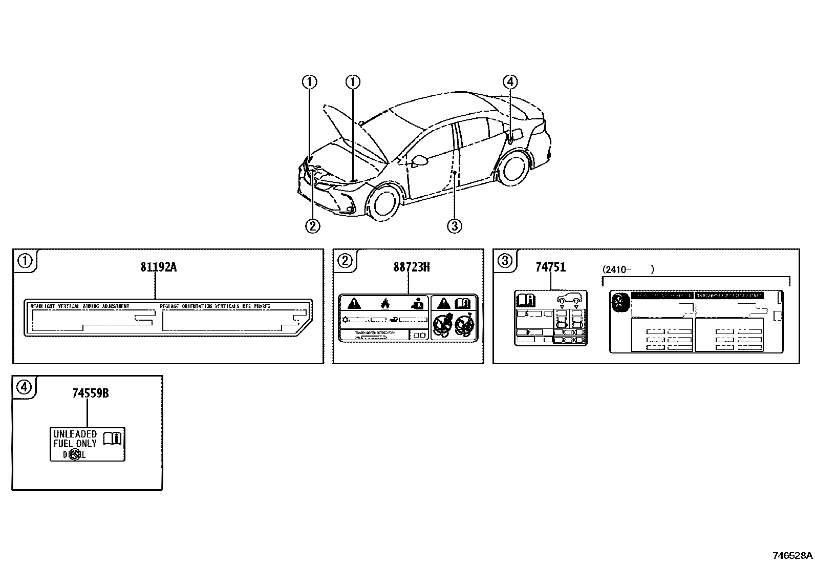 Toyota COROLLA 警示铭牌(车外和车内) EPC diagram — 746528A