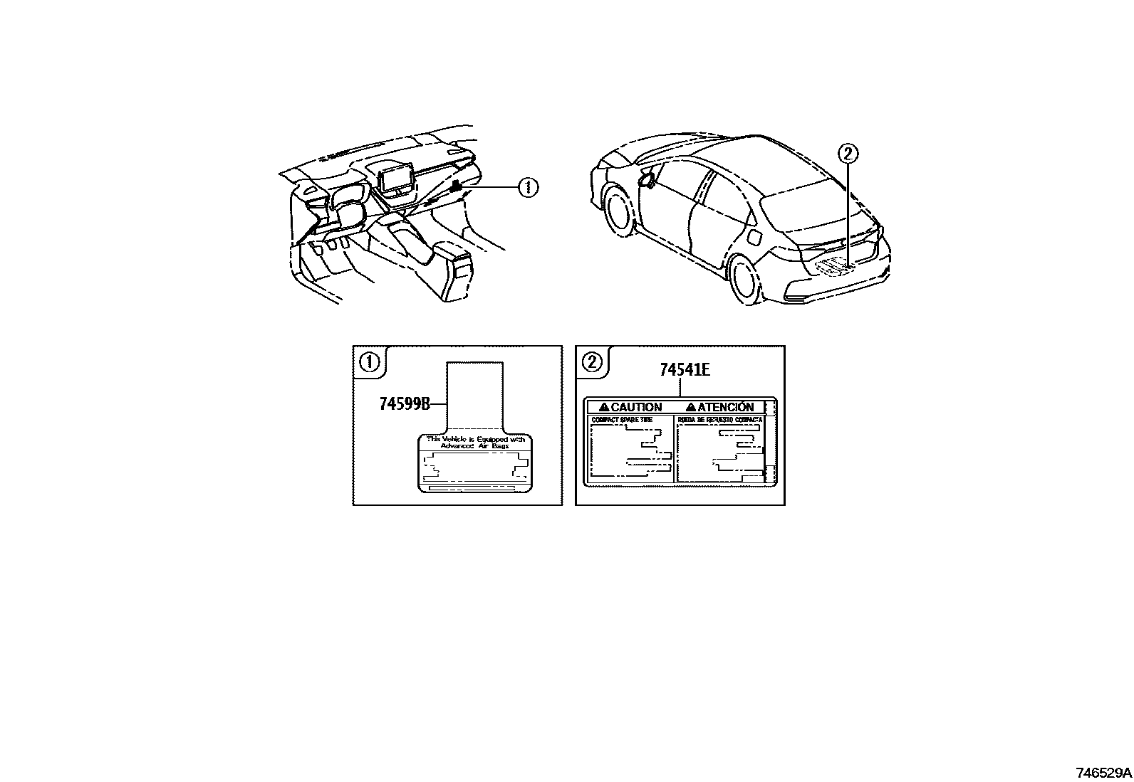 Toyota COROLLA 警示铭牌(车外和车内) EPC diagram — 746529A