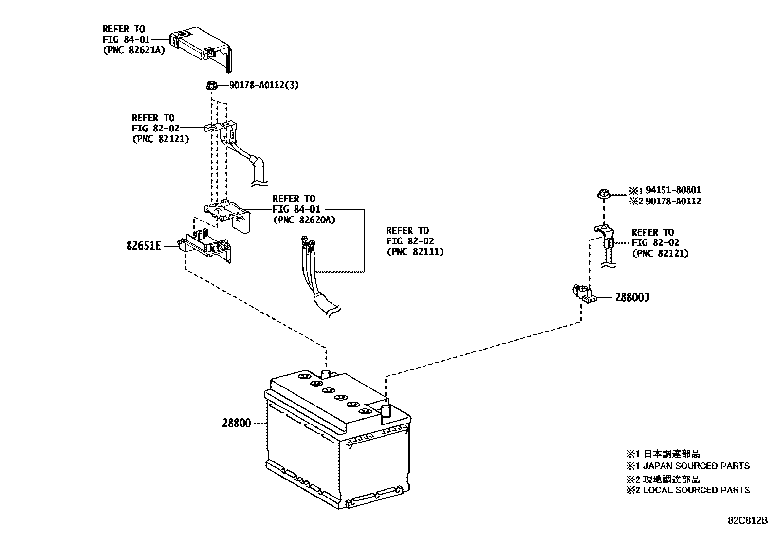 Toyota COROLLA 蓄电池和蓄电池电缆 EPC diagram — 82C812B