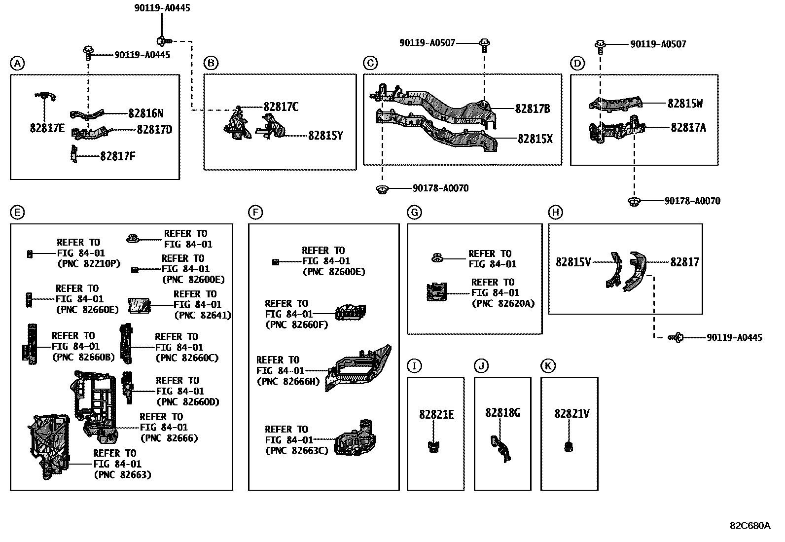 Toyota COROLLA 线束和卡夹 EPC diagram — 82C680A