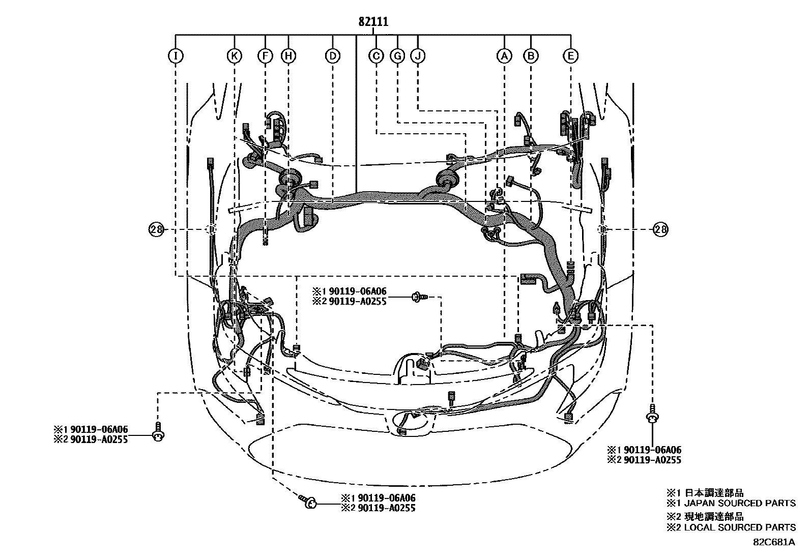 Toyota COROLLA 线束和卡夹 EPC diagram — 82C681A