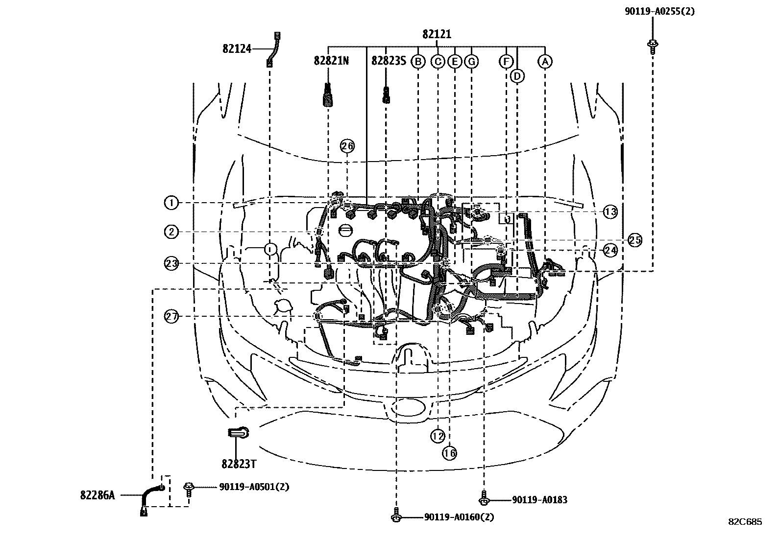 Toyota COROLLA 线束和卡夹 EPC diagram — 82C685