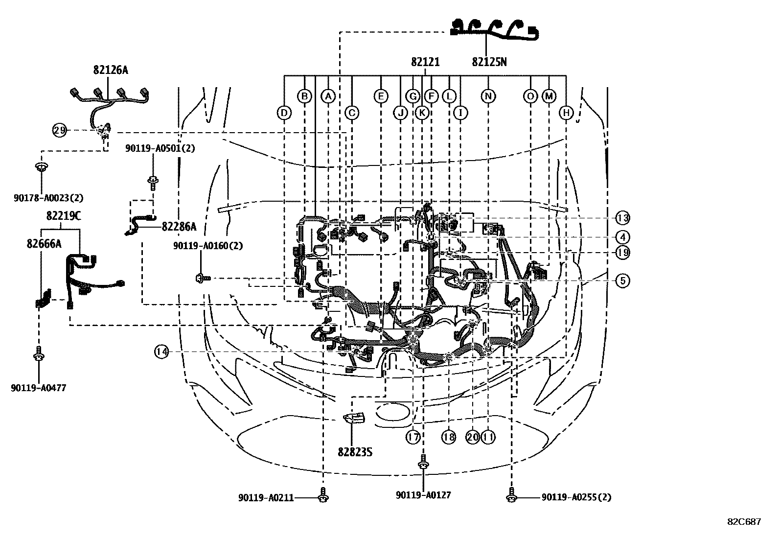 Toyota COROLLA 线束和卡夹 EPC diagram — 82C687
