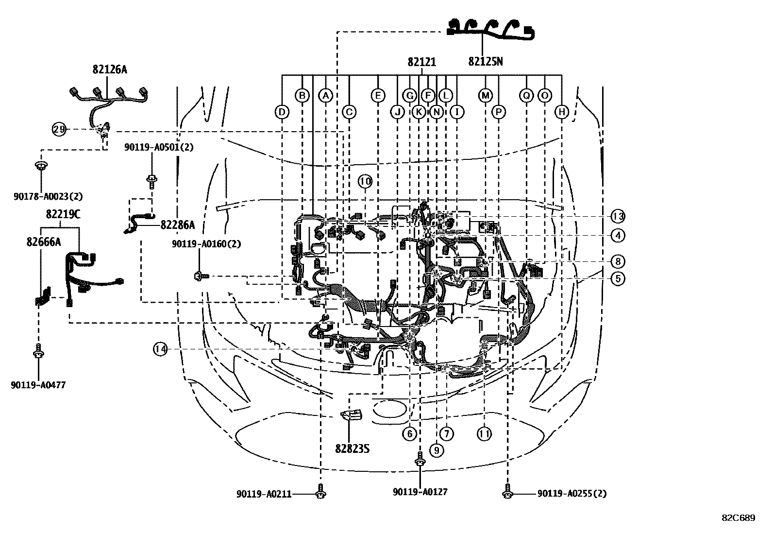 Toyota COROLLA 线束和卡夹 EPC diagram — 82C689