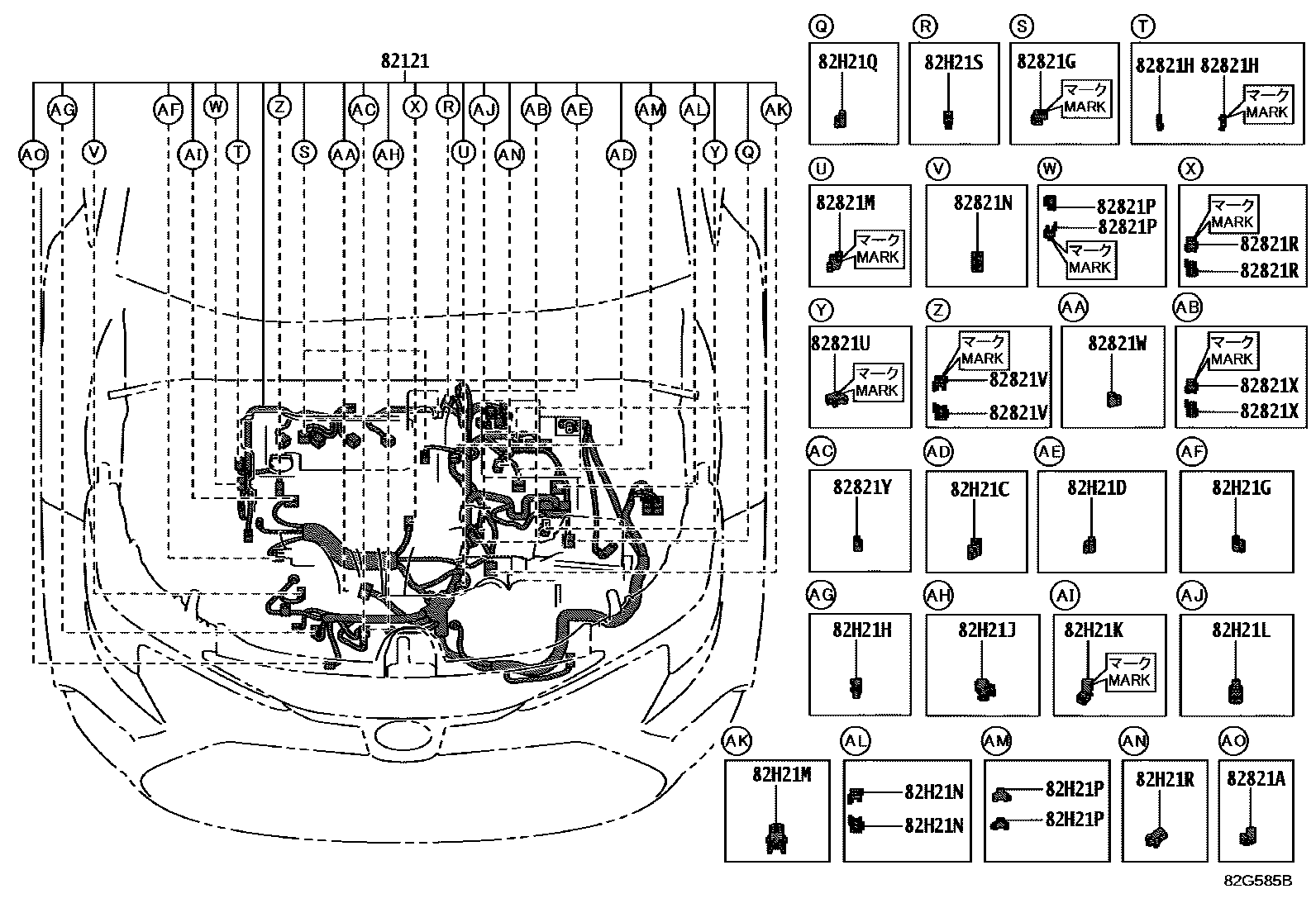 Toyota COROLLA 线束和卡夹 EPC diagram — 82G585B
