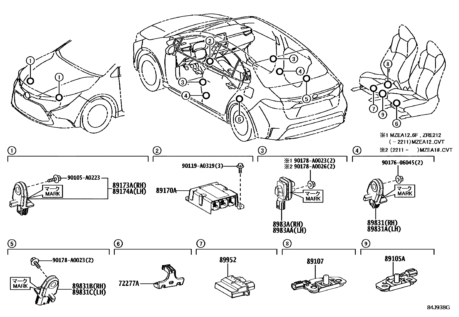 Toyota COROLLA 空气囊 EPC diagram — 84J938G