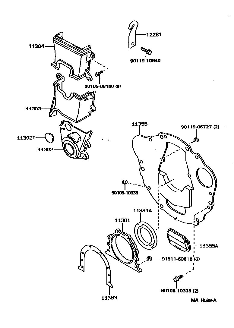 Toyota COROLLA Timing Gear Cover & Rear End Plate EPC diagram — MAH599A