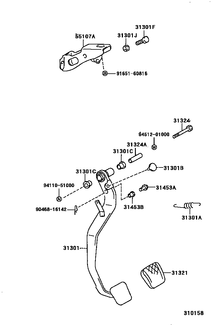 Toyota COROLLA 离合器踏板和挠性软管 EPC diagram — 310158
