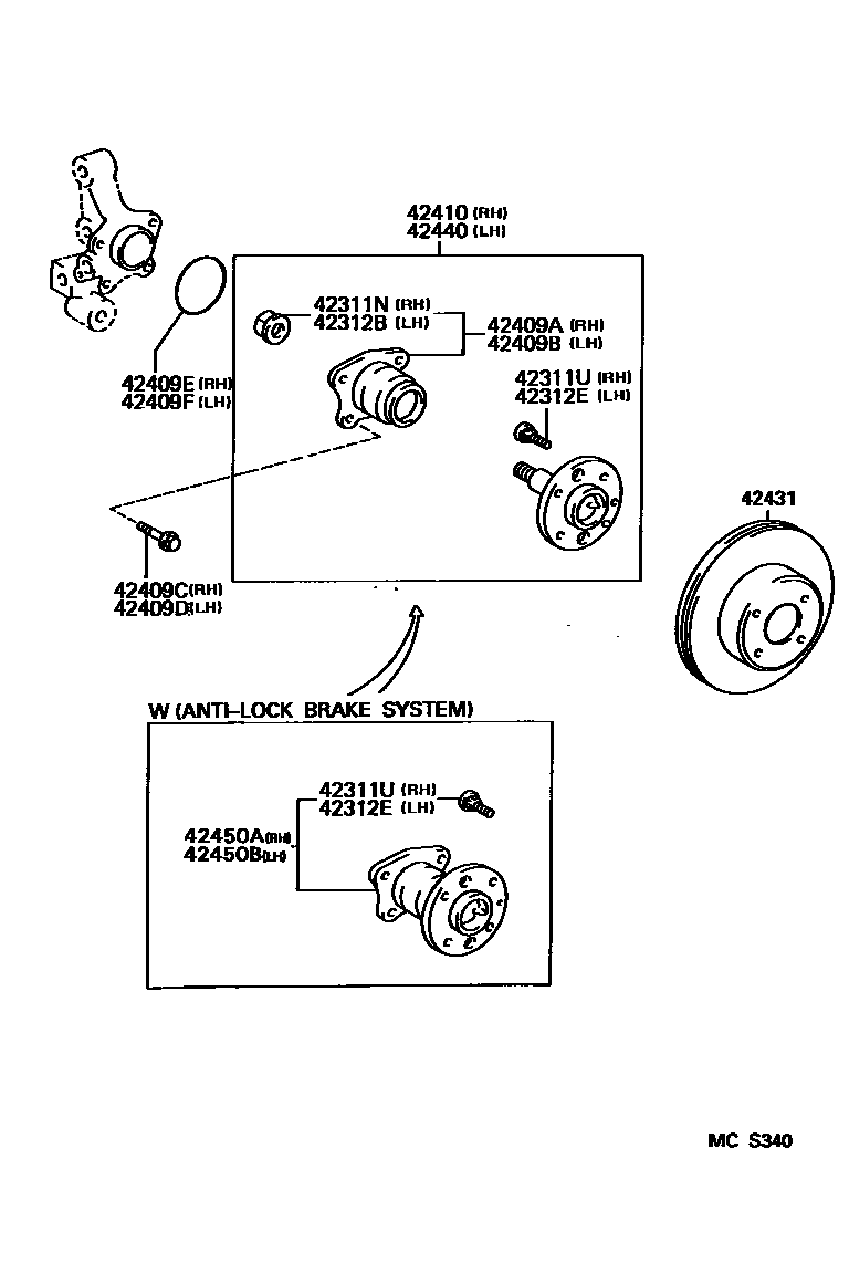 Toyota COROLLA 后桥半轴和后桥轮毂 EPC diagram — MCS340