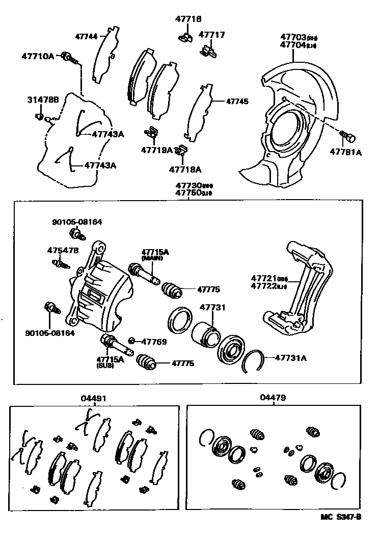 Toyota COROLLA 前盘式制动器卡钳和防尘罩 EPC diagram — MCS347B