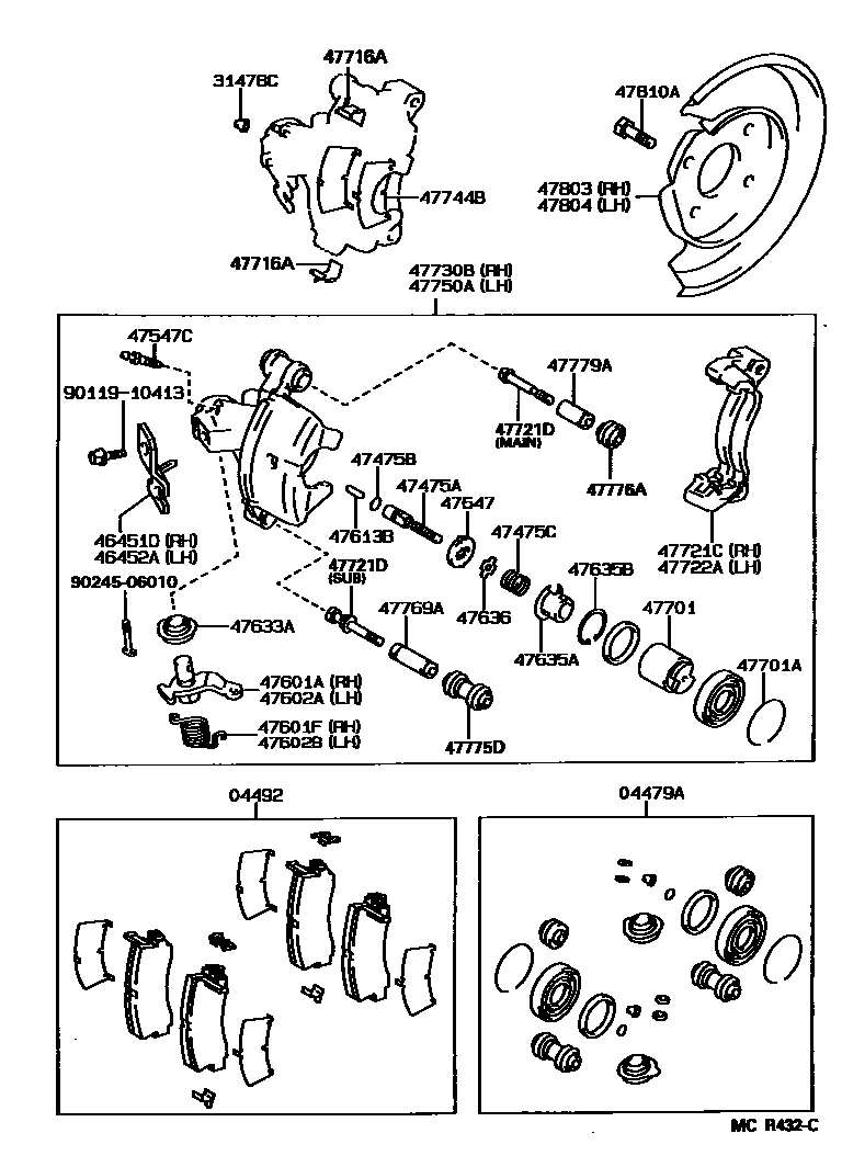 Toyota COROLLA 后盘式制动器卡钳和防尘罩 EPC diagram — MCR432C