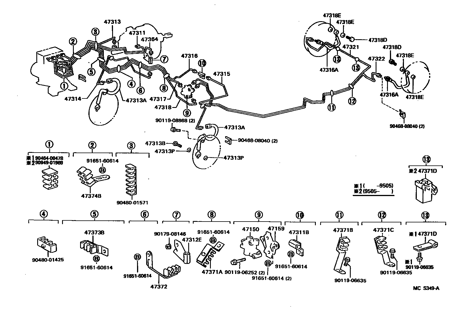 Toyota COROLLA 制动配管和卡箍 EPC diagram — MCS349A