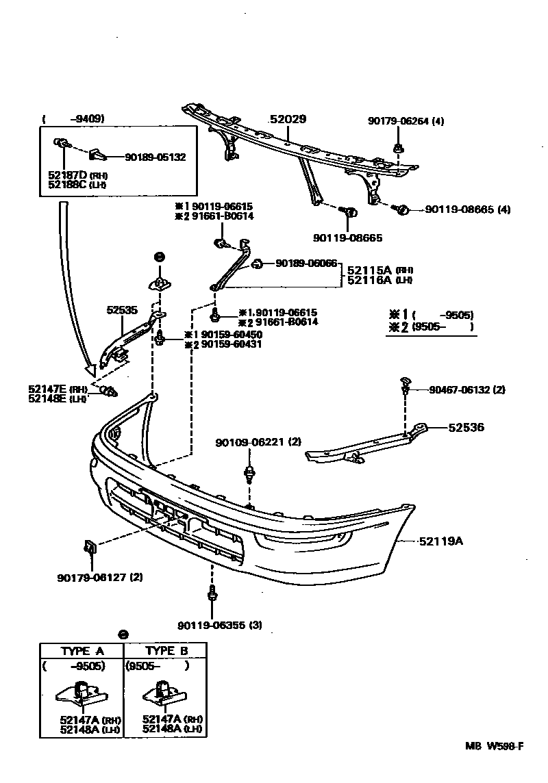 Toyota COROLLA 前保险杠及附件 EPC diagram — MBW598F