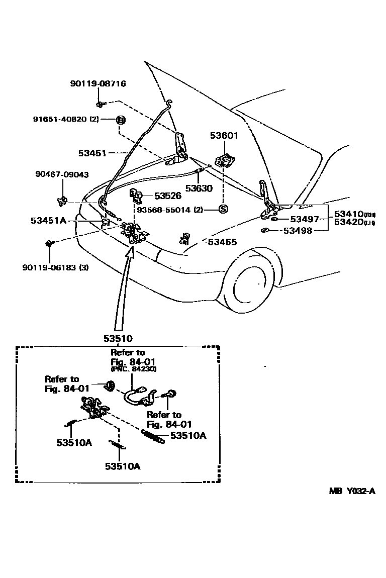 Toyota COROLLA 发动机盖锁和铰链 EPC diagram — MBY032A