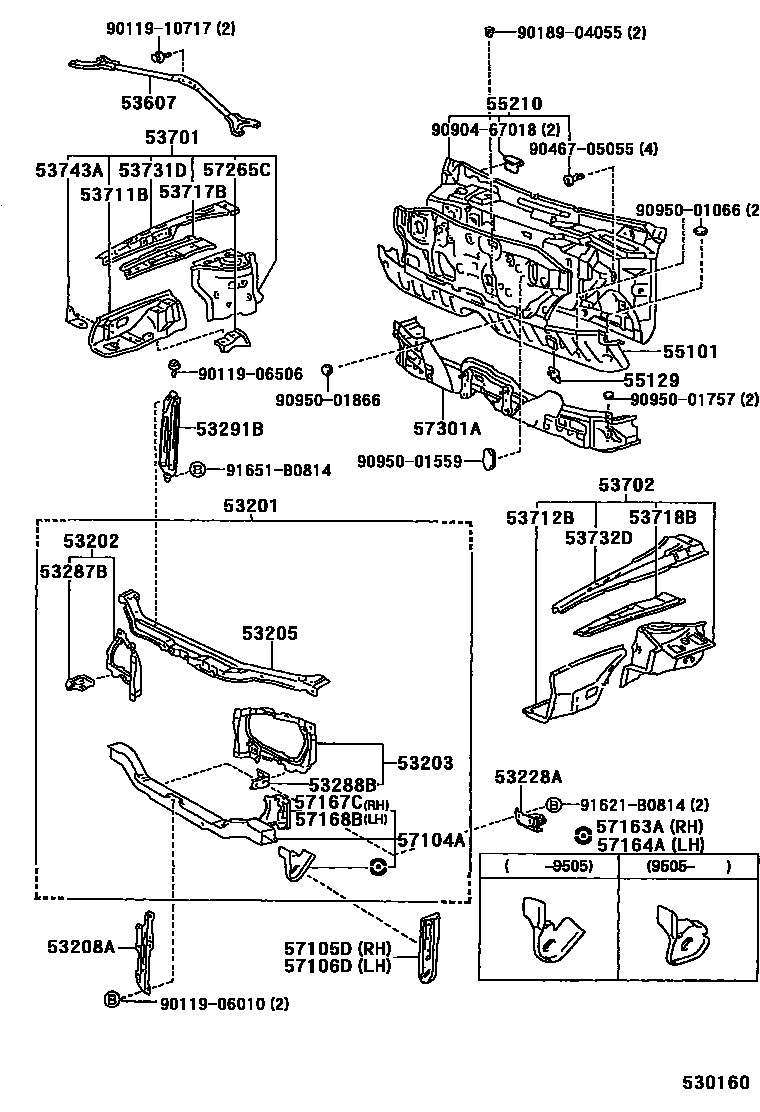 Toyota COROLLA 前翼子板挡泥板和前围板 EPC diagram — 530160