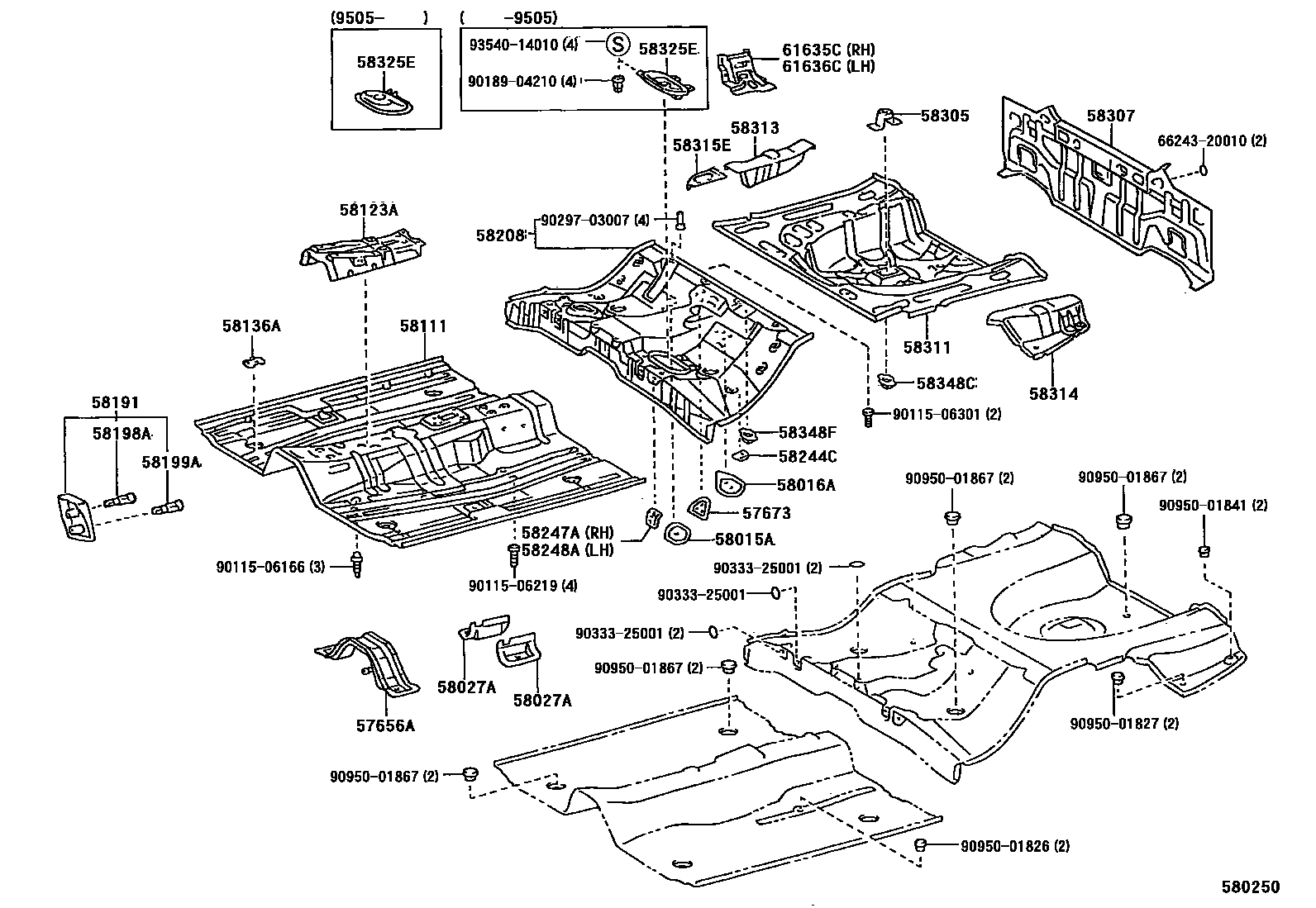 Toyota COROLLA 浅盘形地板和车身下背板 EPC diagram — 580250